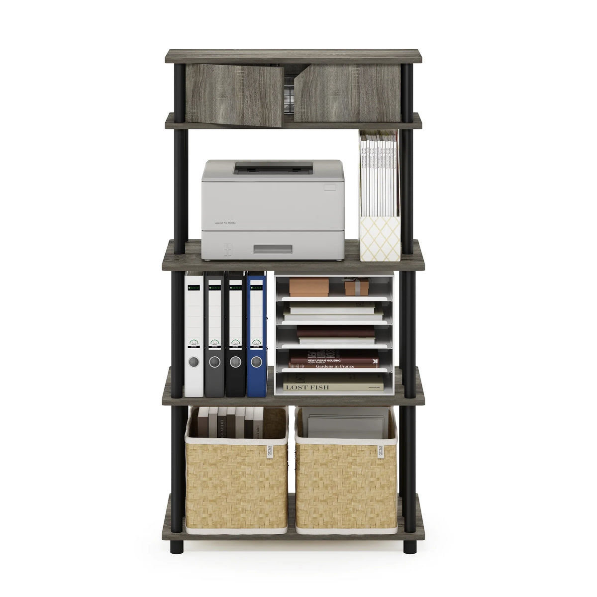French Oak Grey/Black Printer Stand with Top Cabinet E89994
