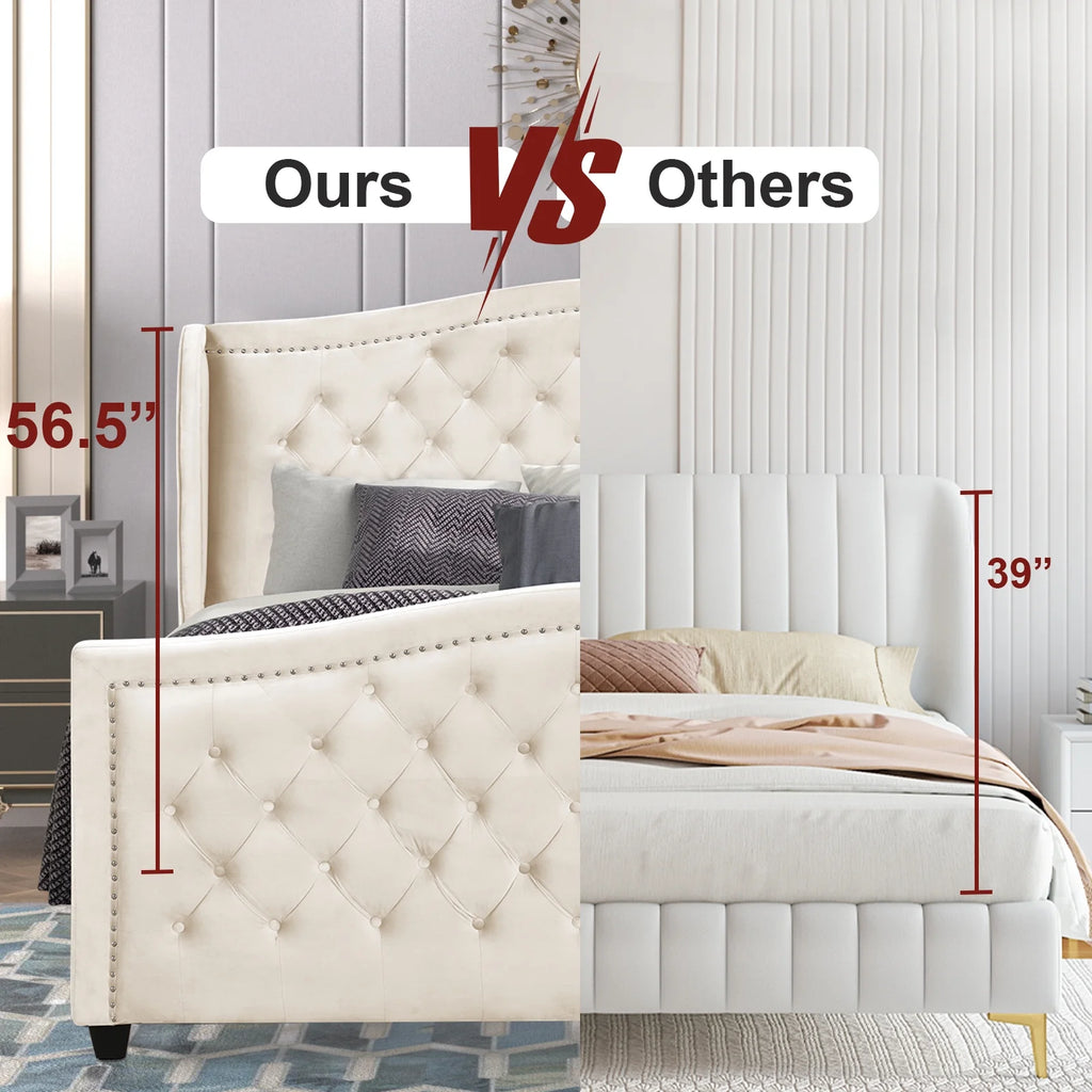 White Velvet Upholstered Tufted Platform Bed Frame X26337
