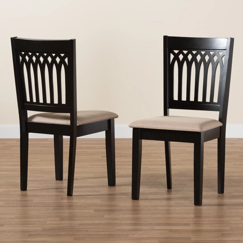 Beige Fabric Dark Brown Wood 2-Piece Dining Chair Set W644