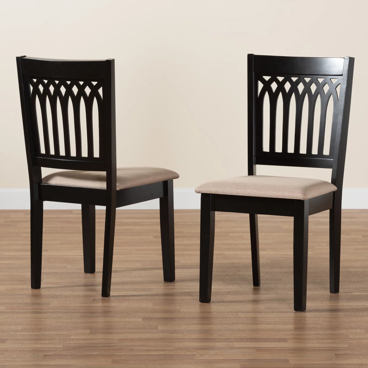 Beige Fabric Dark Brown Wood 2-Piece Dining Chair Set W644