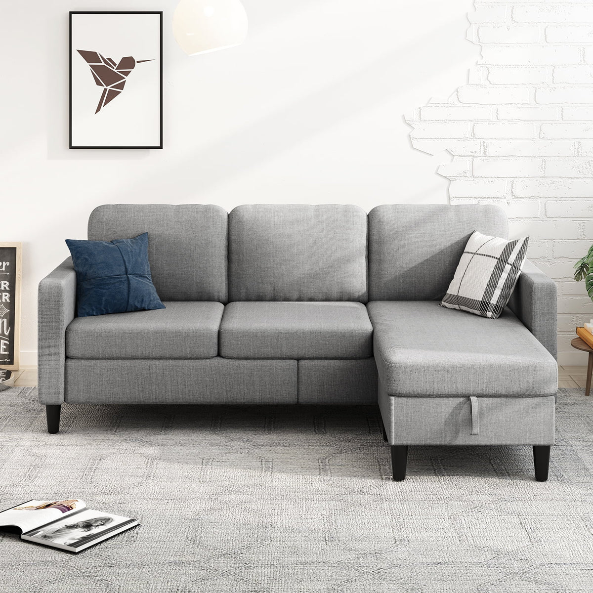 Beige Linen Sectional Sofa with Storage Ottoman G128464
