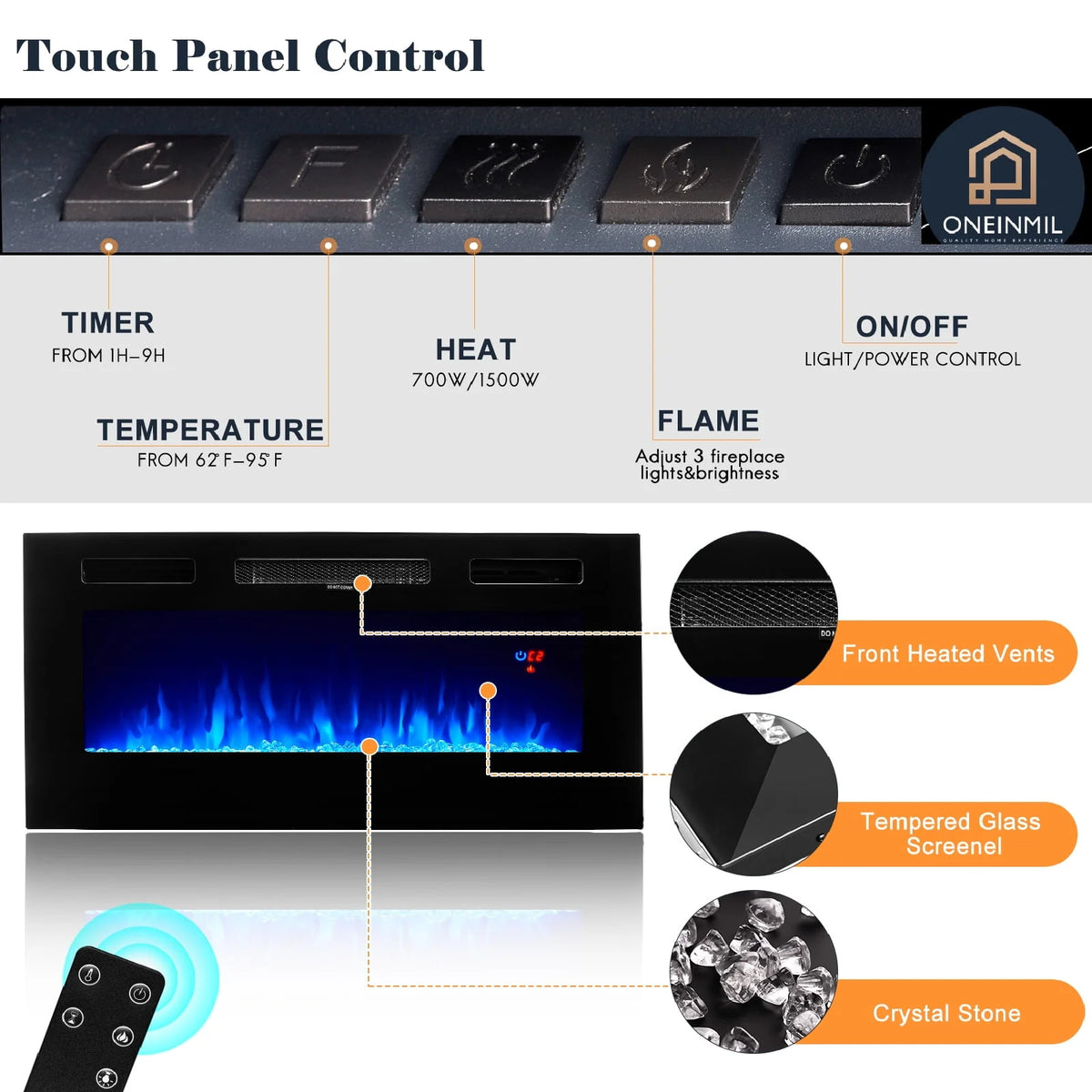 Black Fireplace TV Stand up to 80" with 36'' Electric Fireplace T9454