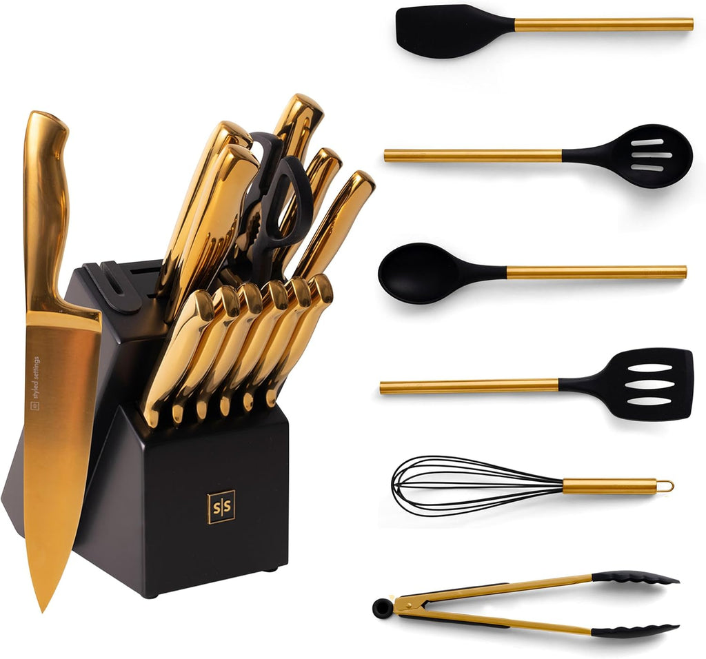 20 Piece Black and Gold Knife Set with Block Self Sharpening O537