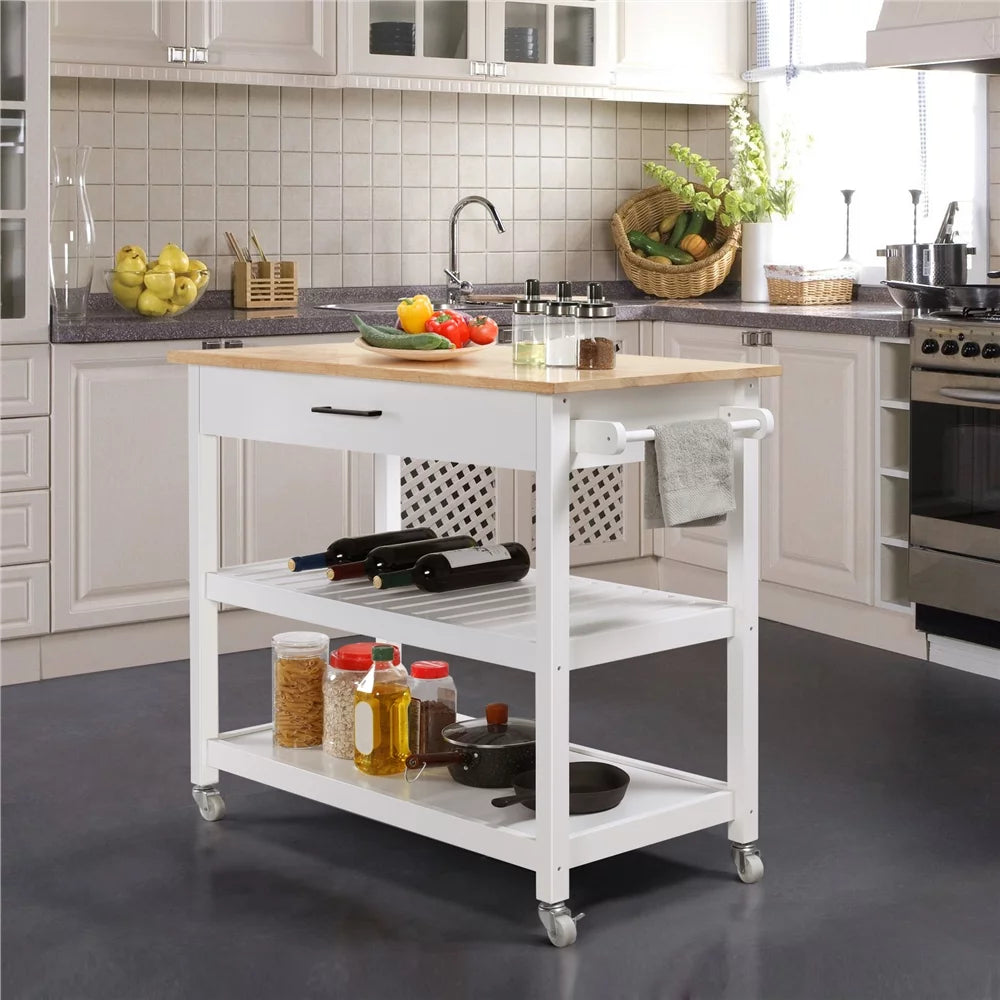 White Kitchen Island Cart with Wheels Storage Drawer T912