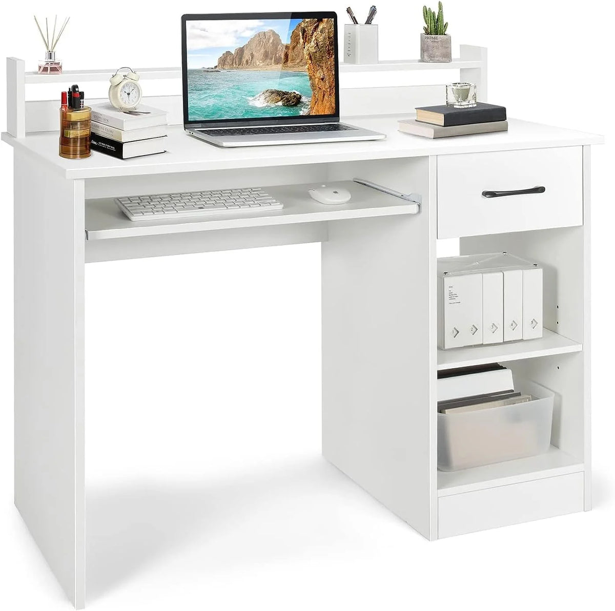 Computer Desk with Drawer & Keyboard Tray, 22 Inch Wide Wood Desk with Hutch & Storage Shelves I48861