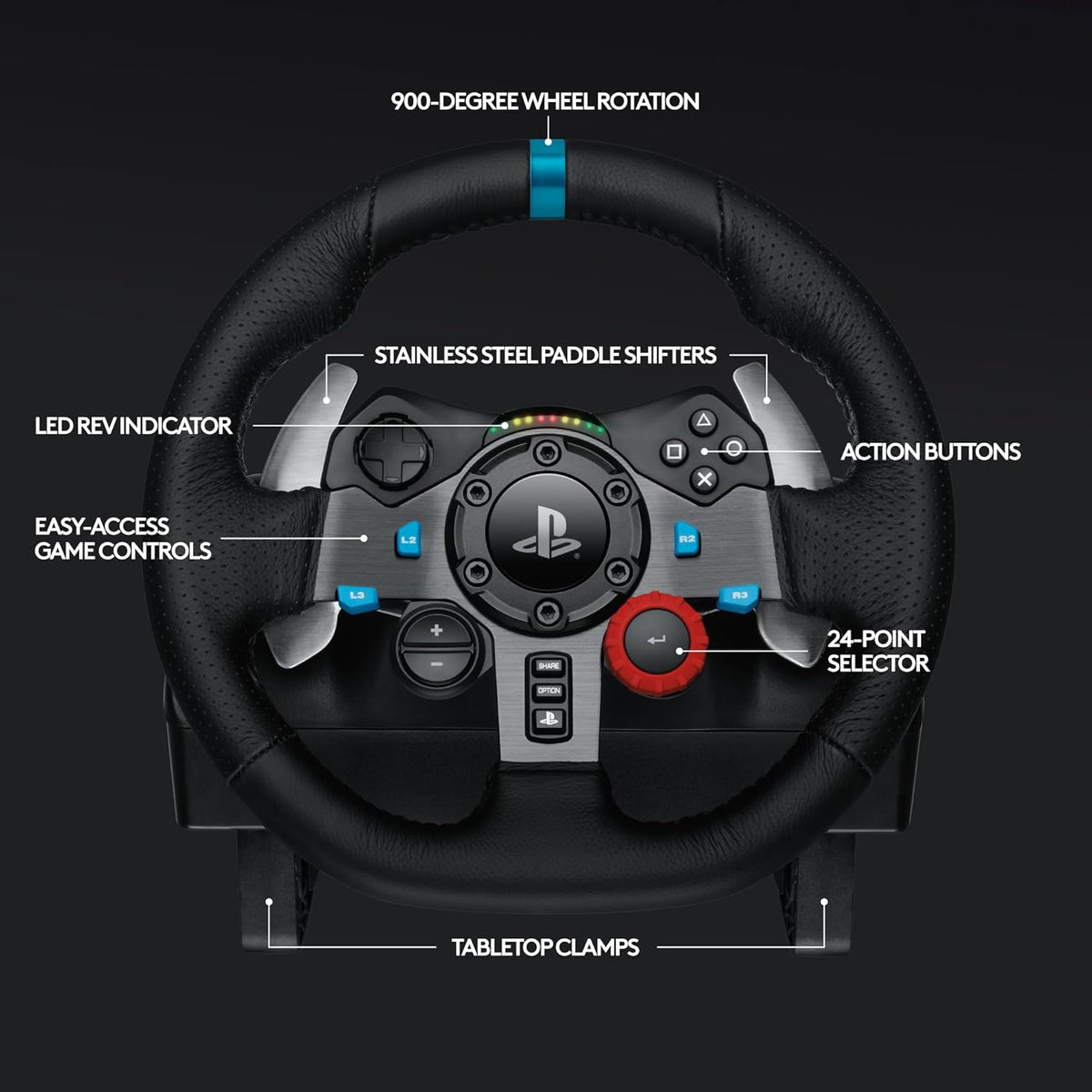 Black Leather Steering Wheel with Floor Pedals V128