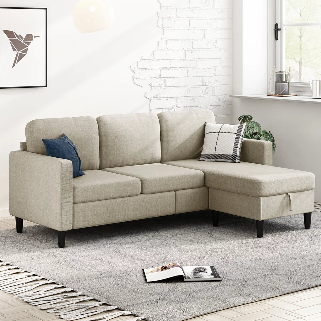 Beige Linen Sectional Sofa with Storage Ottoman G128464
