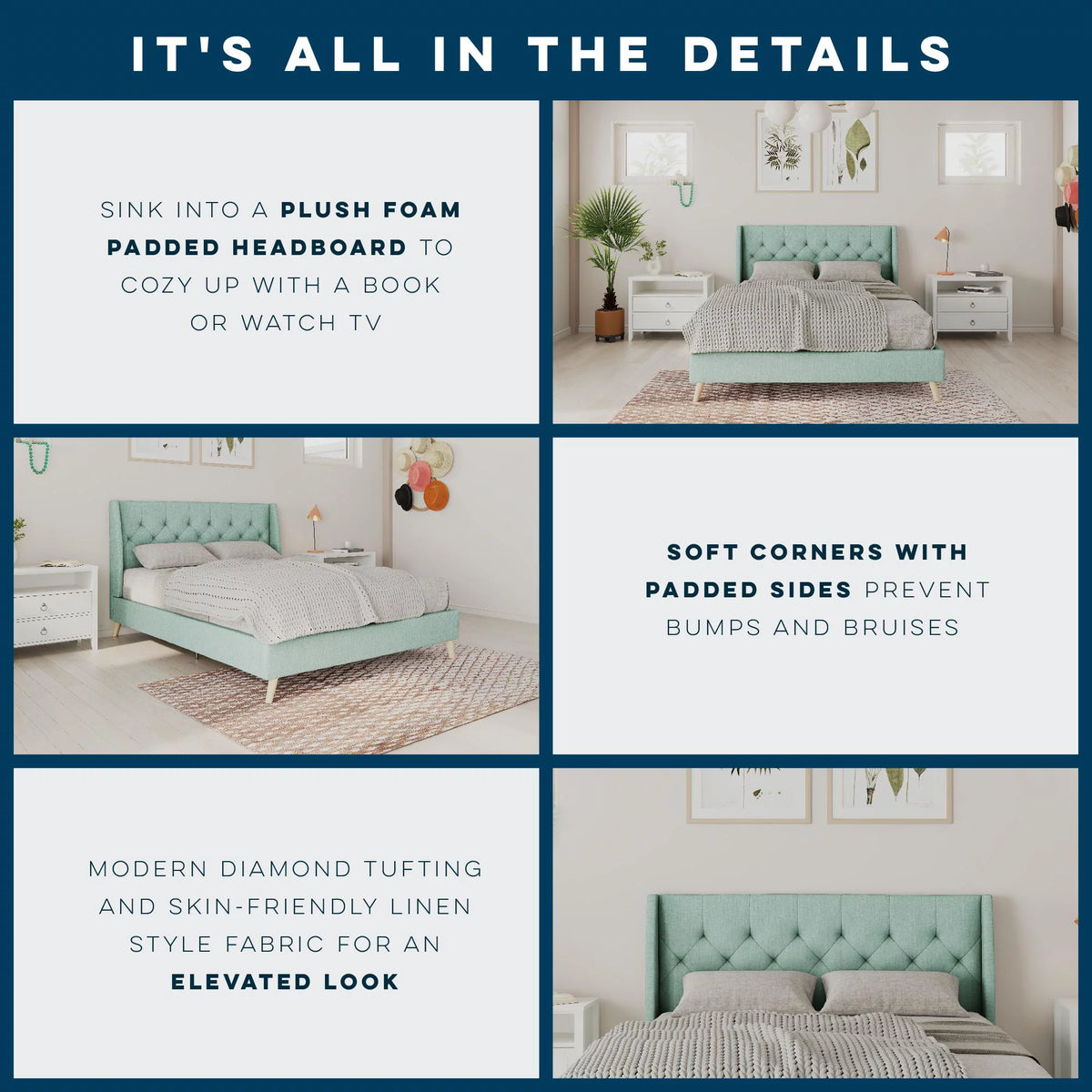 Queen Light Green Linen Tufted Upholstered Bed Frame F898