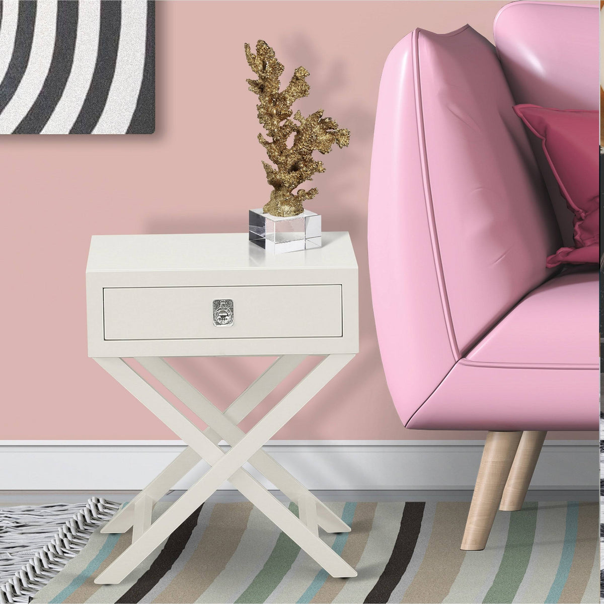 Square Night Stand End Table with Drawer in White Finish D65317