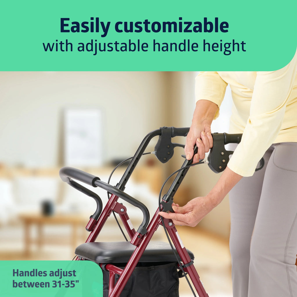 Folding Steel Rollator Walker, 6 Wheels, 350lb Weight Capacity, Burgundy Red B821497