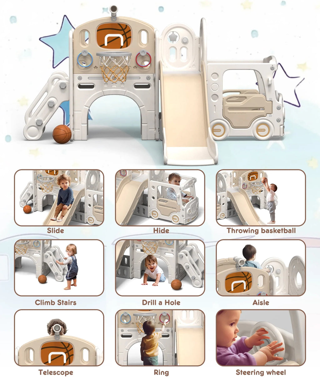 Kids Slide Set with Climber, Basketball Hoop, Tunnel, Playhouse F405