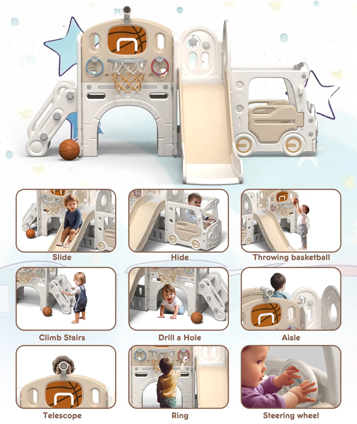 Kids Slide Set with Climber, Basketball Hoop, Tunnel, Playhouse F405