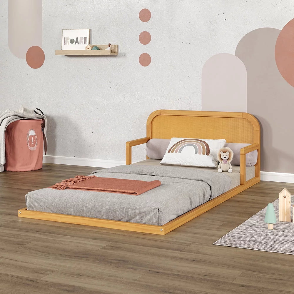 Twin Floor Bed Frame with Headboard Solid Pine Wood Natural M90276