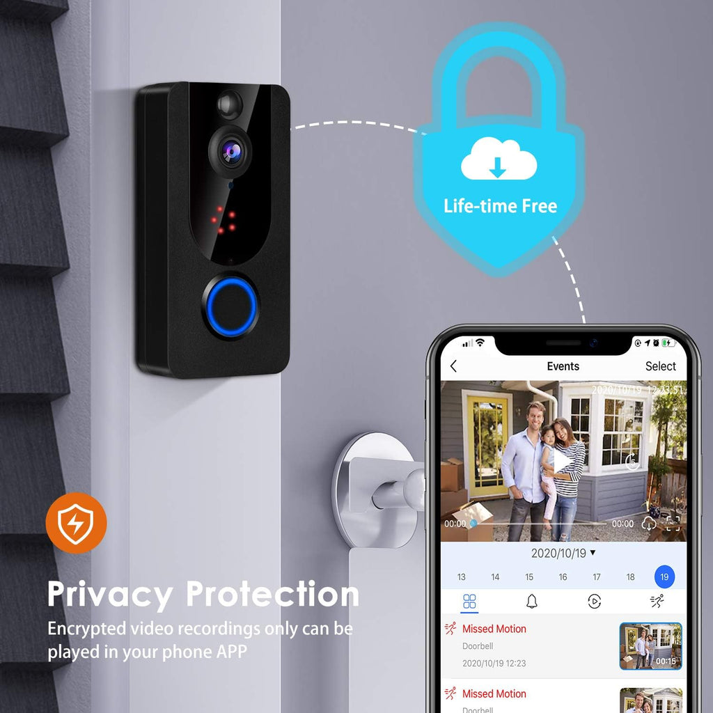 Wireless Video Doorbell Camera with Chime, 1080P, PIR Motion Detection, IP65 Waterproof, 2-Way Audio, Night Vision, Pack of 2 O46168