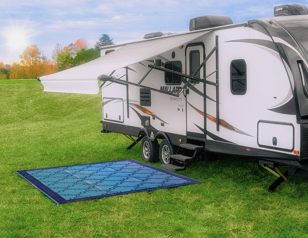 Large Reversible Outdoor Patio Mat (9' x 12', Lattice Blue Design) W8698