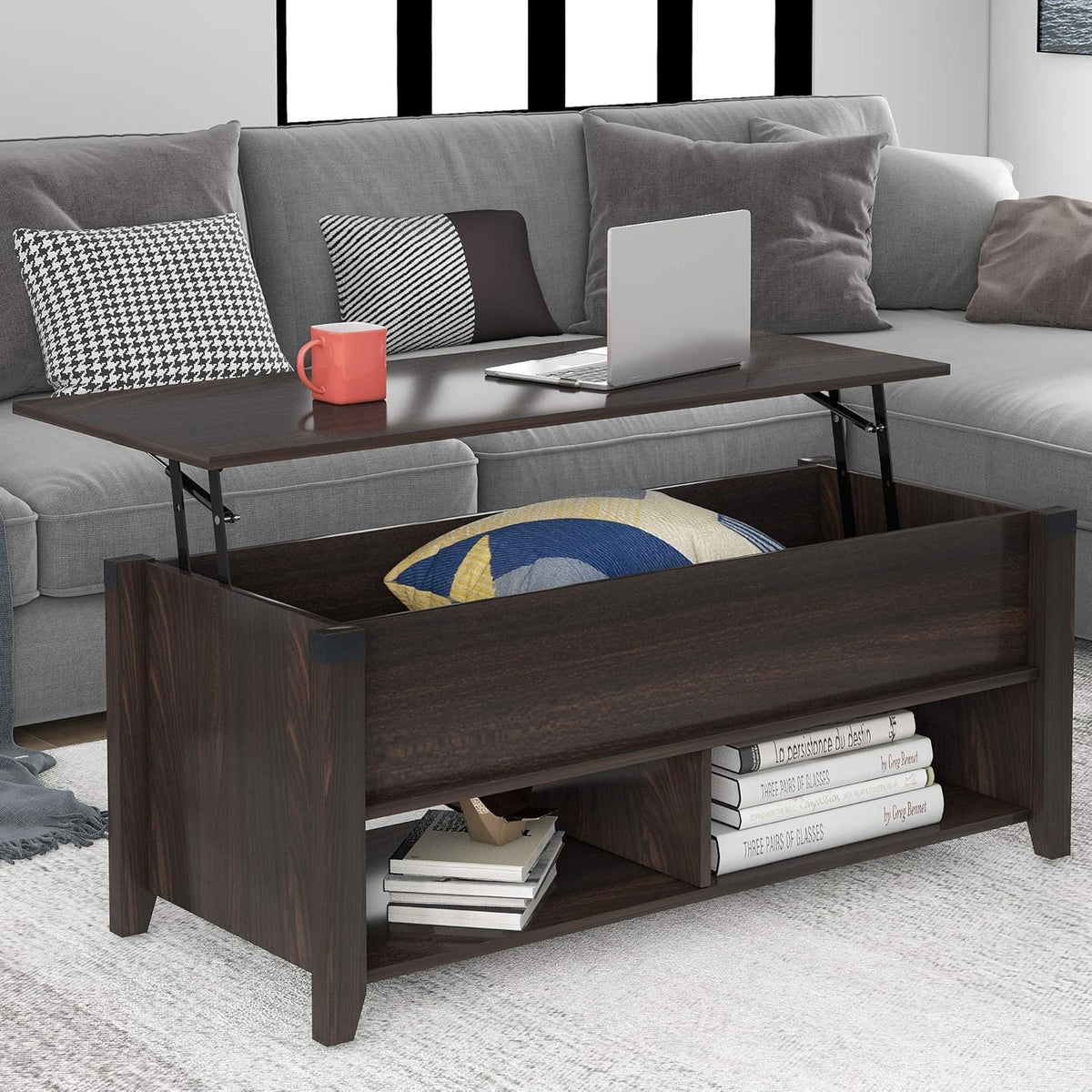 Gray Wood Coffee Table with Drawer and Storage Shelf P497719
