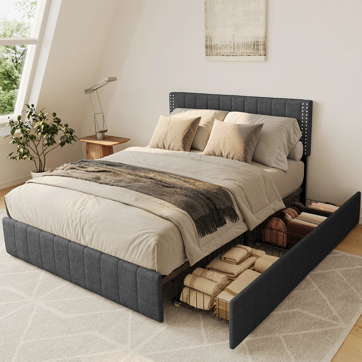 Full Bed Frame with 4 Storage Drawers Dark Grey K453