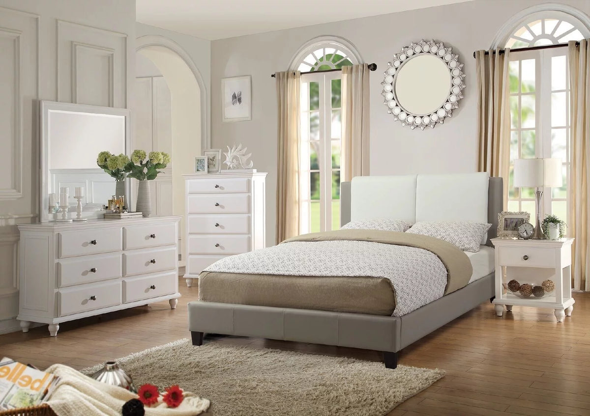 White and Grey Queen Size Bed 4pc Set with Dresser Mirror Nightstand Z443