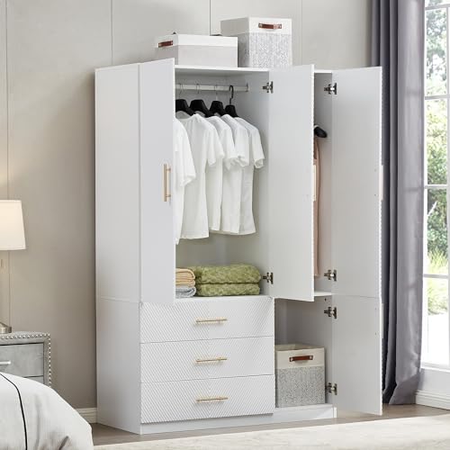 White 4 Doors 3 Drawers Wooden Closet Cabinet Wardrobe Armoire E79392