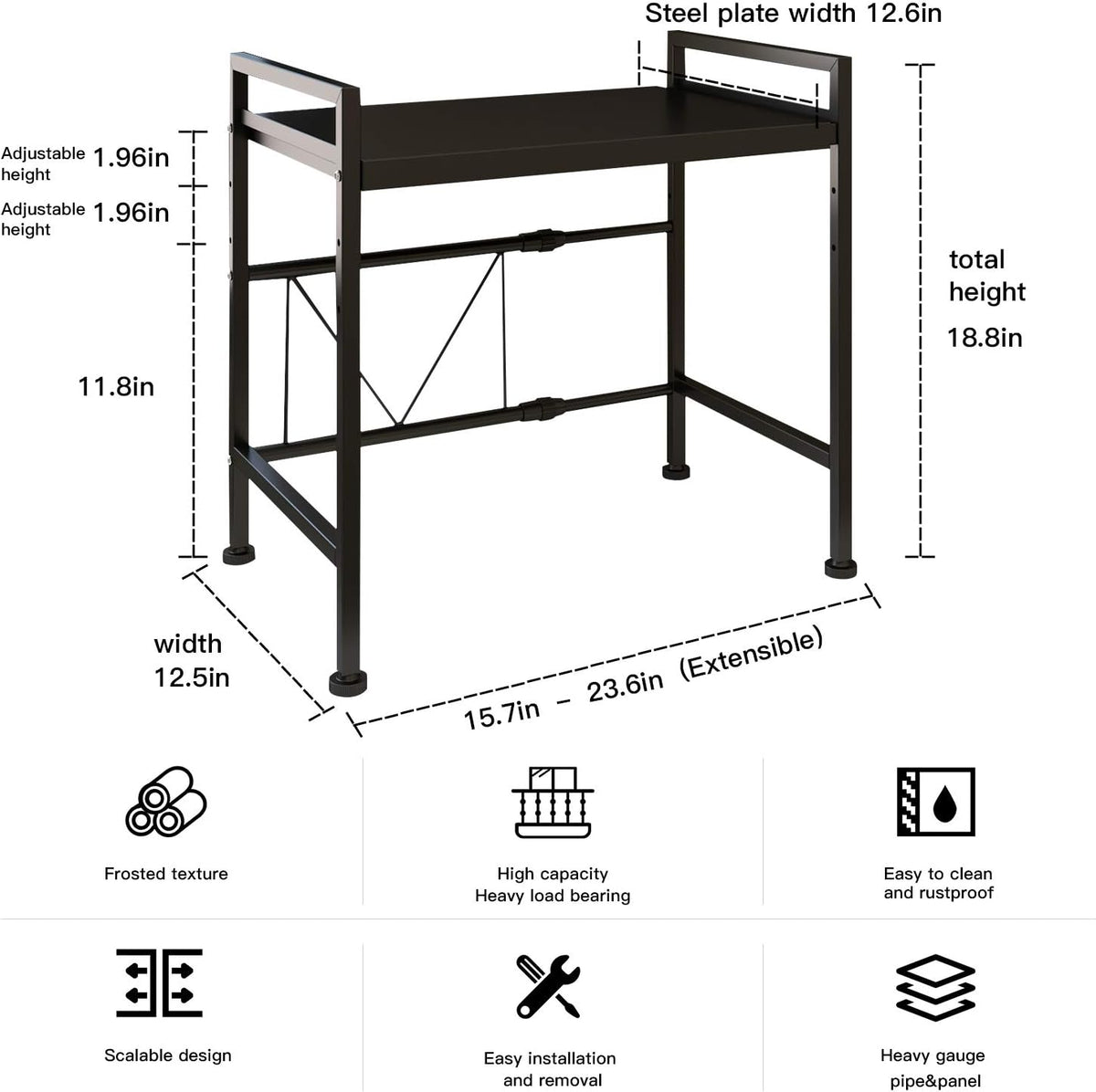 Expandable Metal Microwave Oven Rack Shelf 2 Tiers with 3 Hooks Black S290