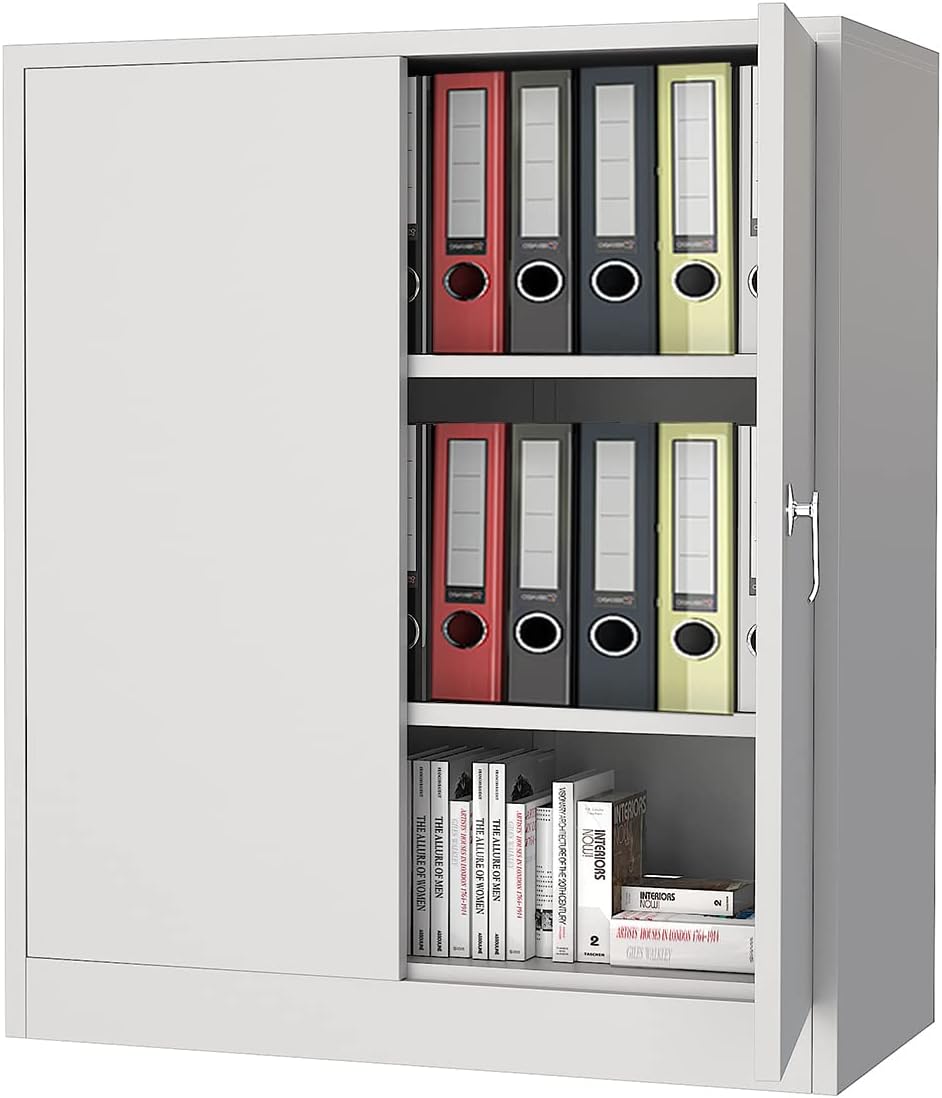 White Steel Lockable Garage Storage Cabinet with Doors and Shelves W867648