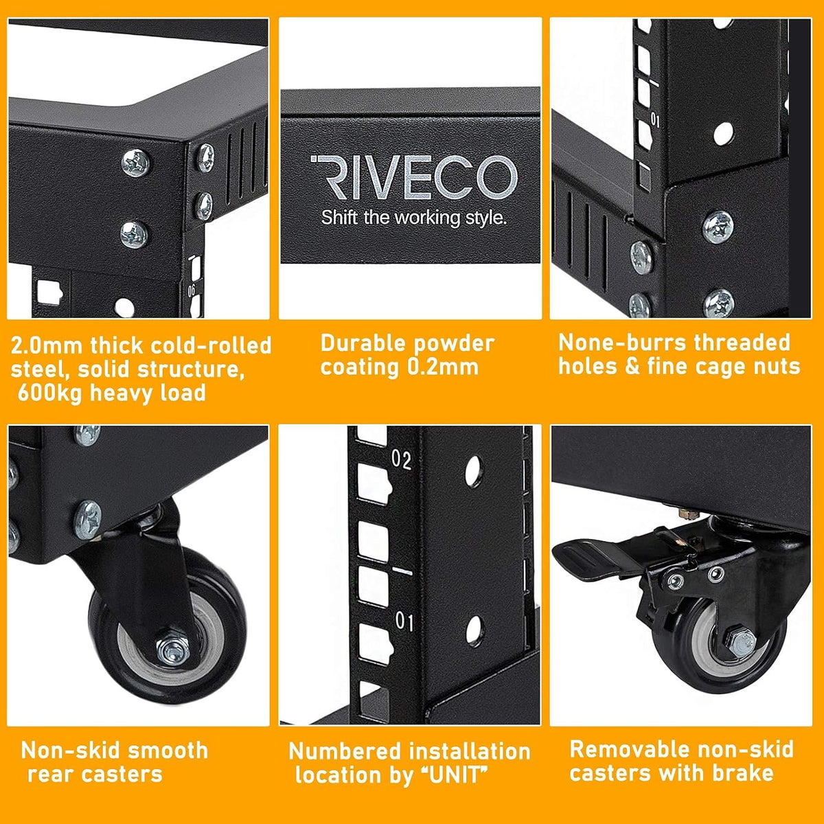 18U 4 Post Open Frame Server Rack with Brake Casters Black E30230