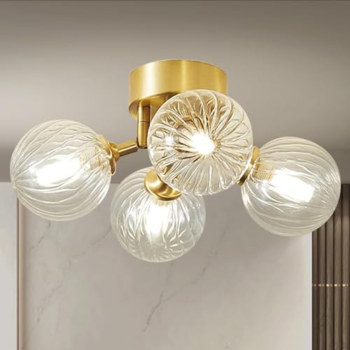 13" 4-Light Gild Brass Clear Ripple Blown Glass Globe Semi Flush Mount Chandelier F349797