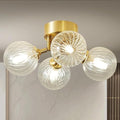 13" 4-Light Gild Brass Clear Ripple Blown Glass Globe Semi Flush Mount Chandelier F349797