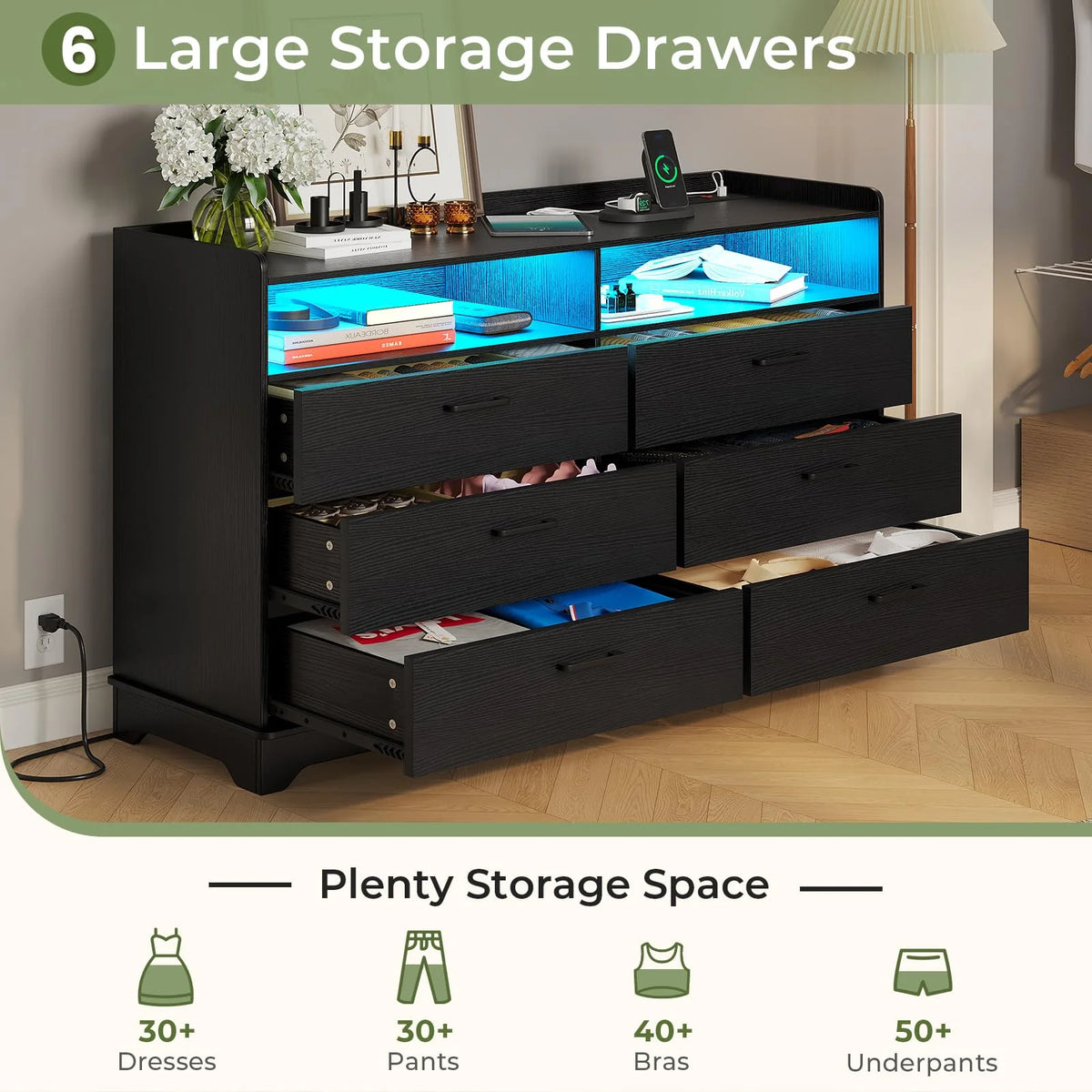 Black 6 Drawer Dresser S61326