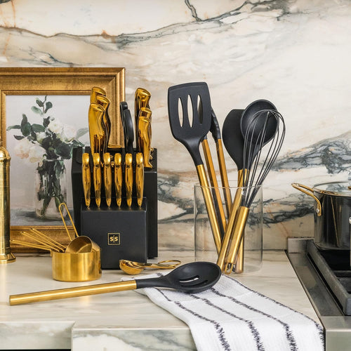 20 Piece Black and Gold Knife Set with Block Self Sharpening O537