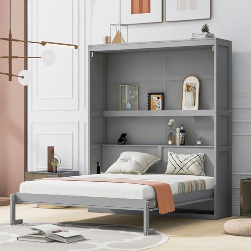 Queen Size Gray Wooden Murphy Bed with Storage Shelves P9096