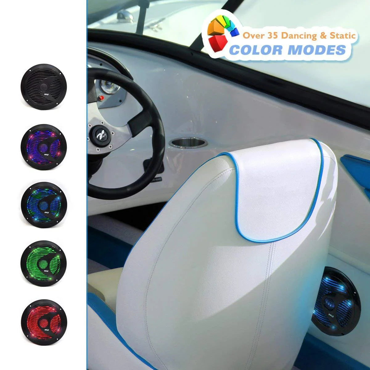 6.5 Waterproof Marine Grade Dual Speakers with LED Lights, 150 Watt, Black Q203