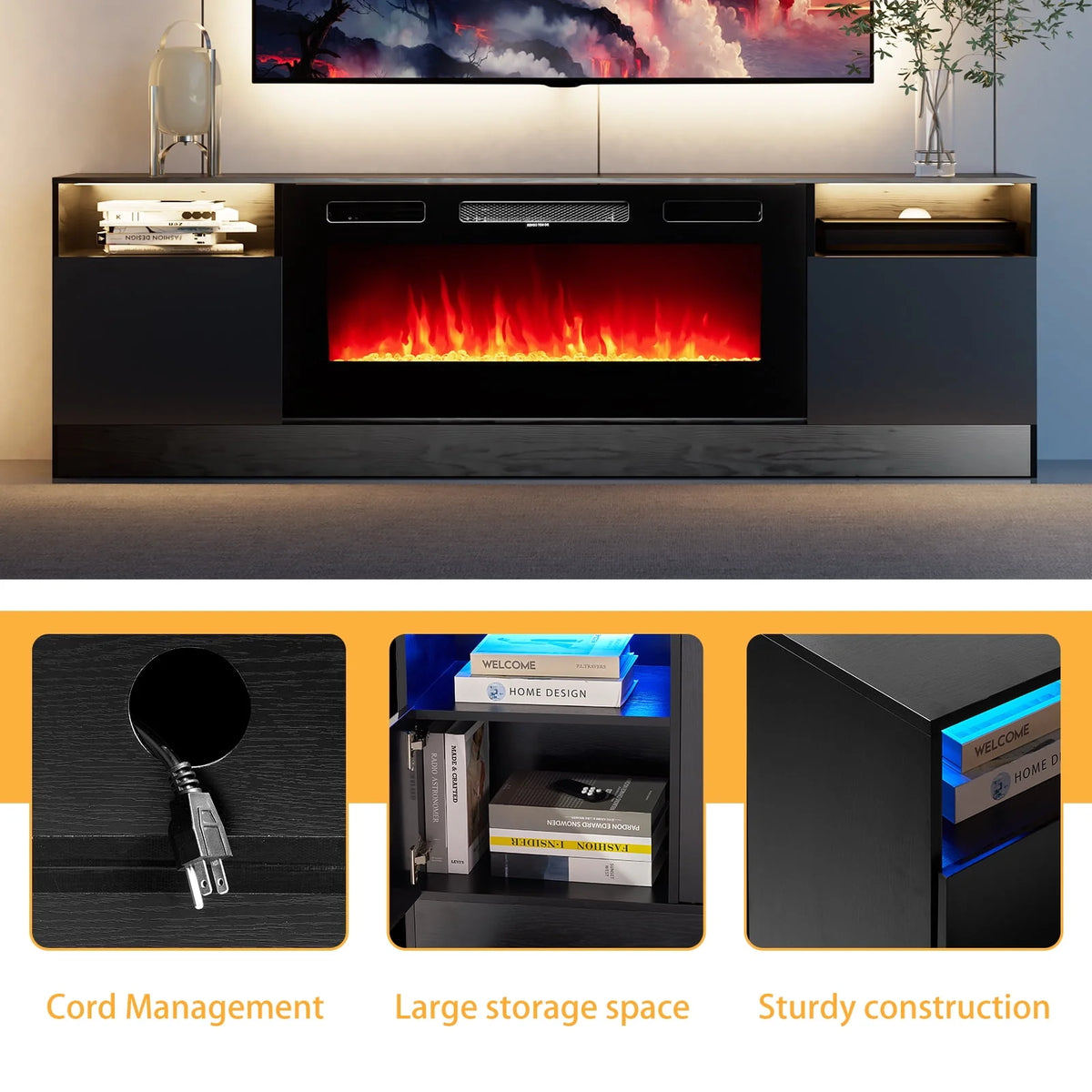 Black Fireplace TV Stand up to 80" with 36'' Electric Fireplace T9454