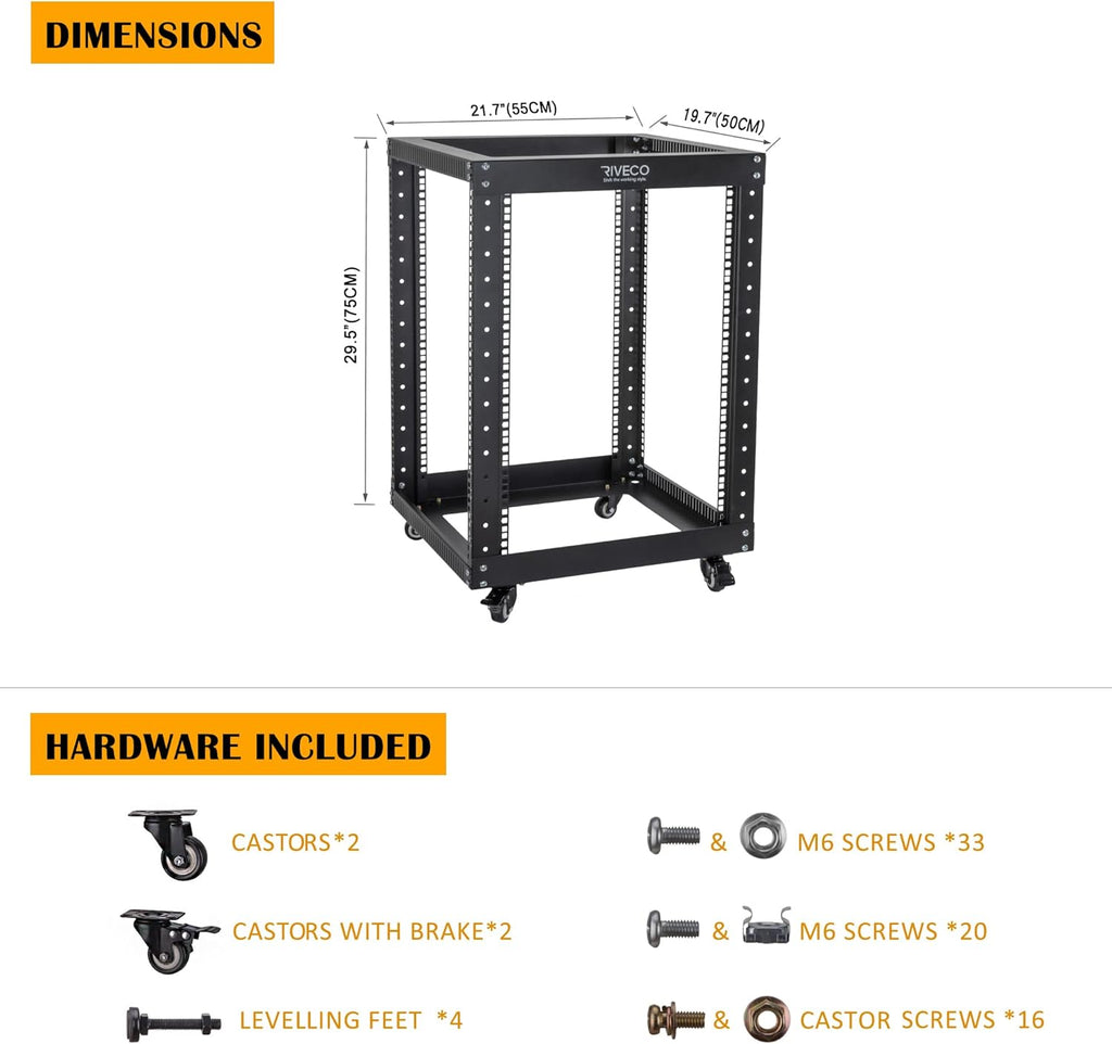 18U 4 Post Open Frame Server Rack with Brake Casters Black E30230