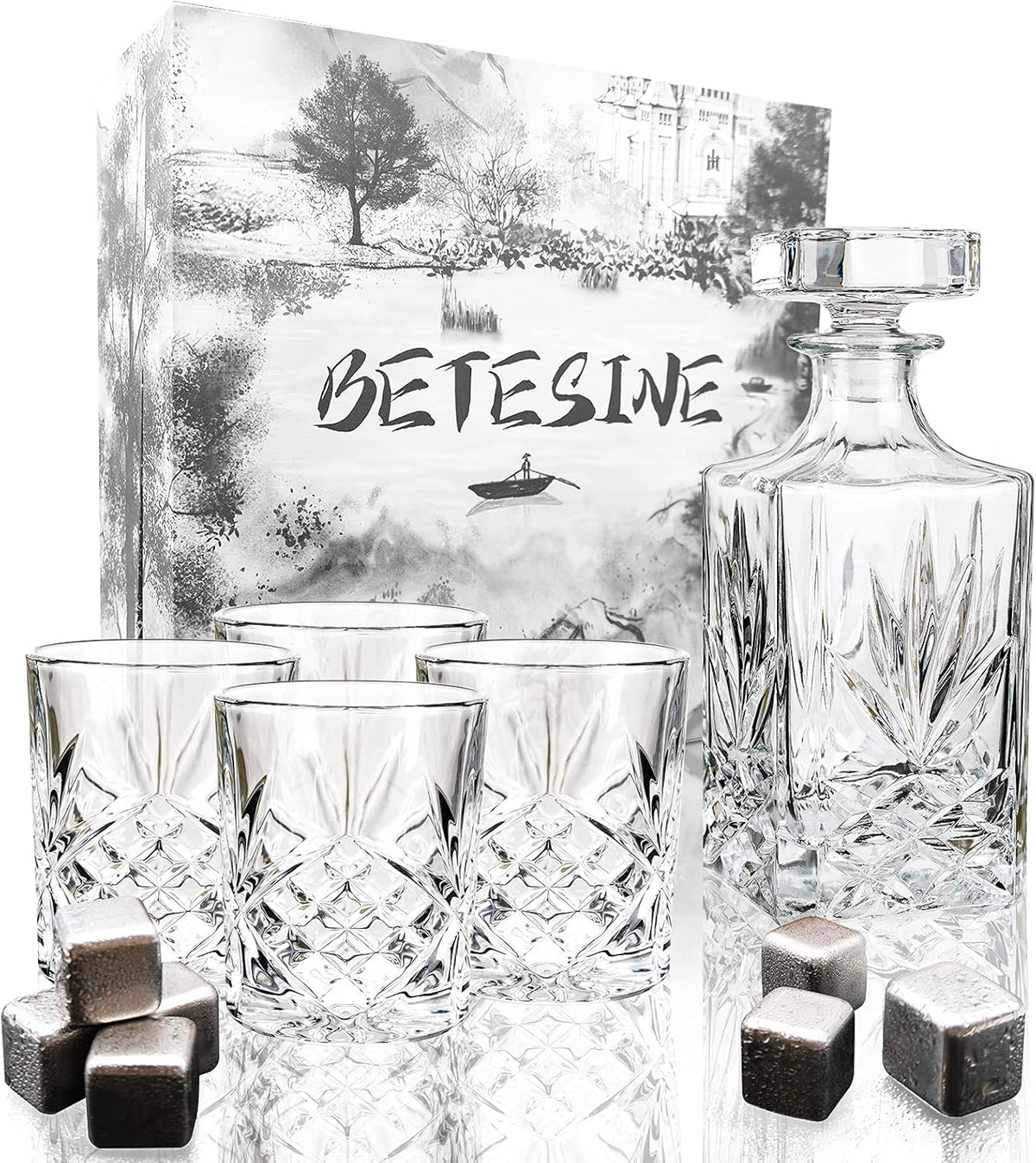 Crystal Whiskey Decanter Set with 4 Glasses and Chilling Whiskey Stones W237