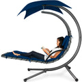 Hanging Curved Chaise Lounge Chair Swing with Pillow, Shade, Stand Navy Blue H673