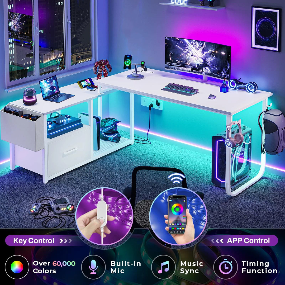 L Shaped Desk with LED Light and Power Outlet U429519