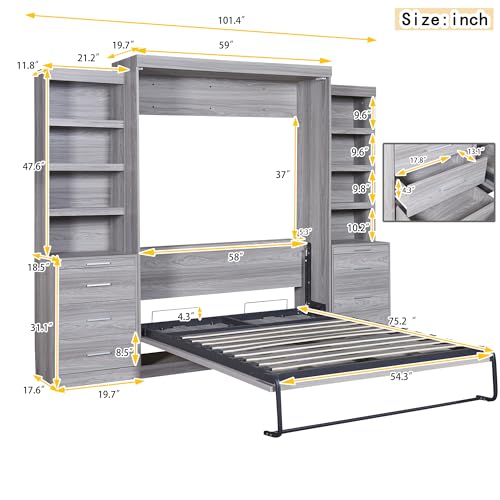 Solid Wood Full Size Murphy Bed Wall Bed with Shelves X7401