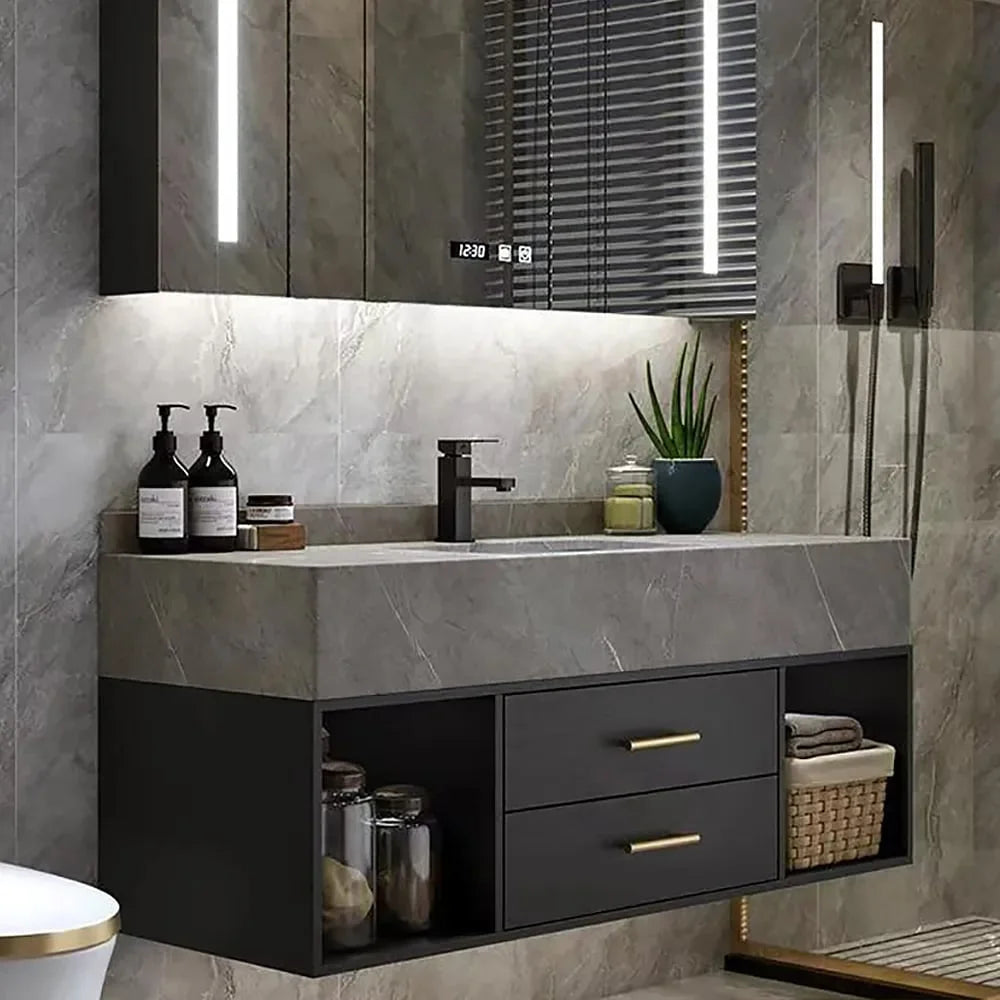 40" Black & Gray Bathroom Vanity with Sintered Stone Vessel Sink Y871126