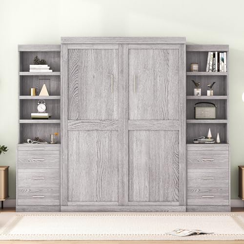 Solid Wood Full Size Murphy Bed Wall Bed with Shelves X7401