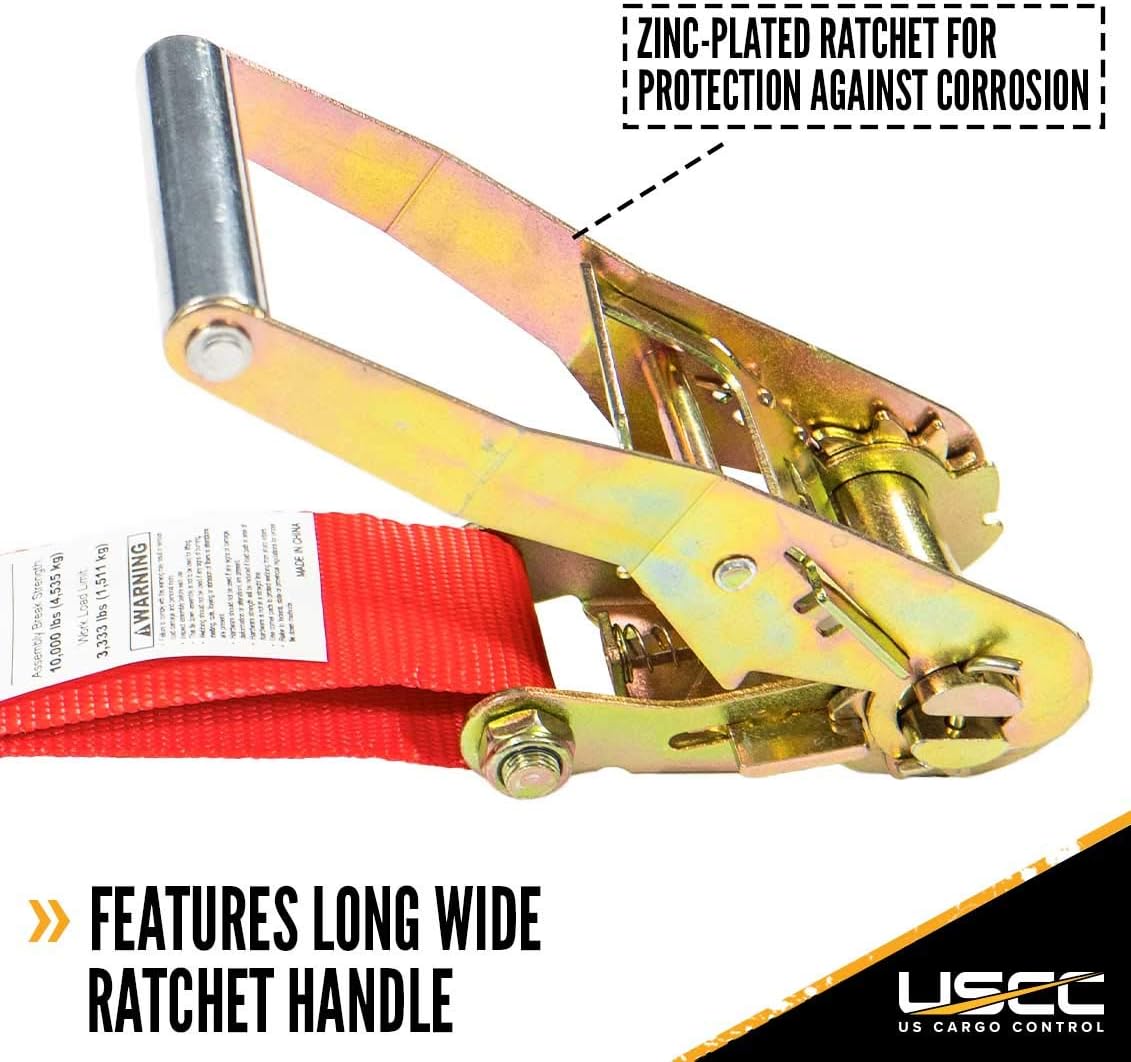2 Inch x 12 Foot Red Ratchet Tie Down Straps with Double J Hooks, 2 Pack T4338