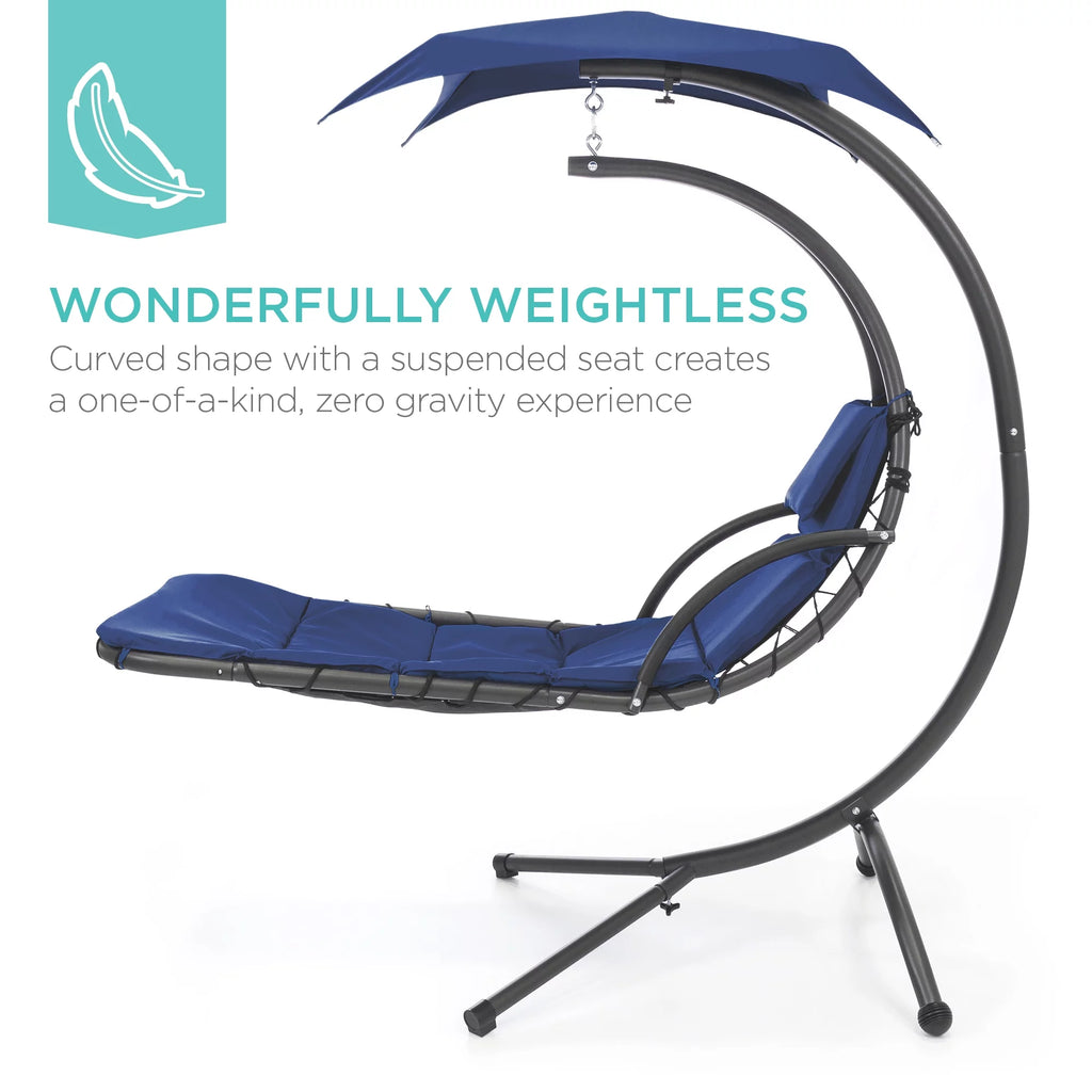 Hanging Curved Chaise Lounge Chair Swing with Pillow, Shade, Stand Navy Blue H673