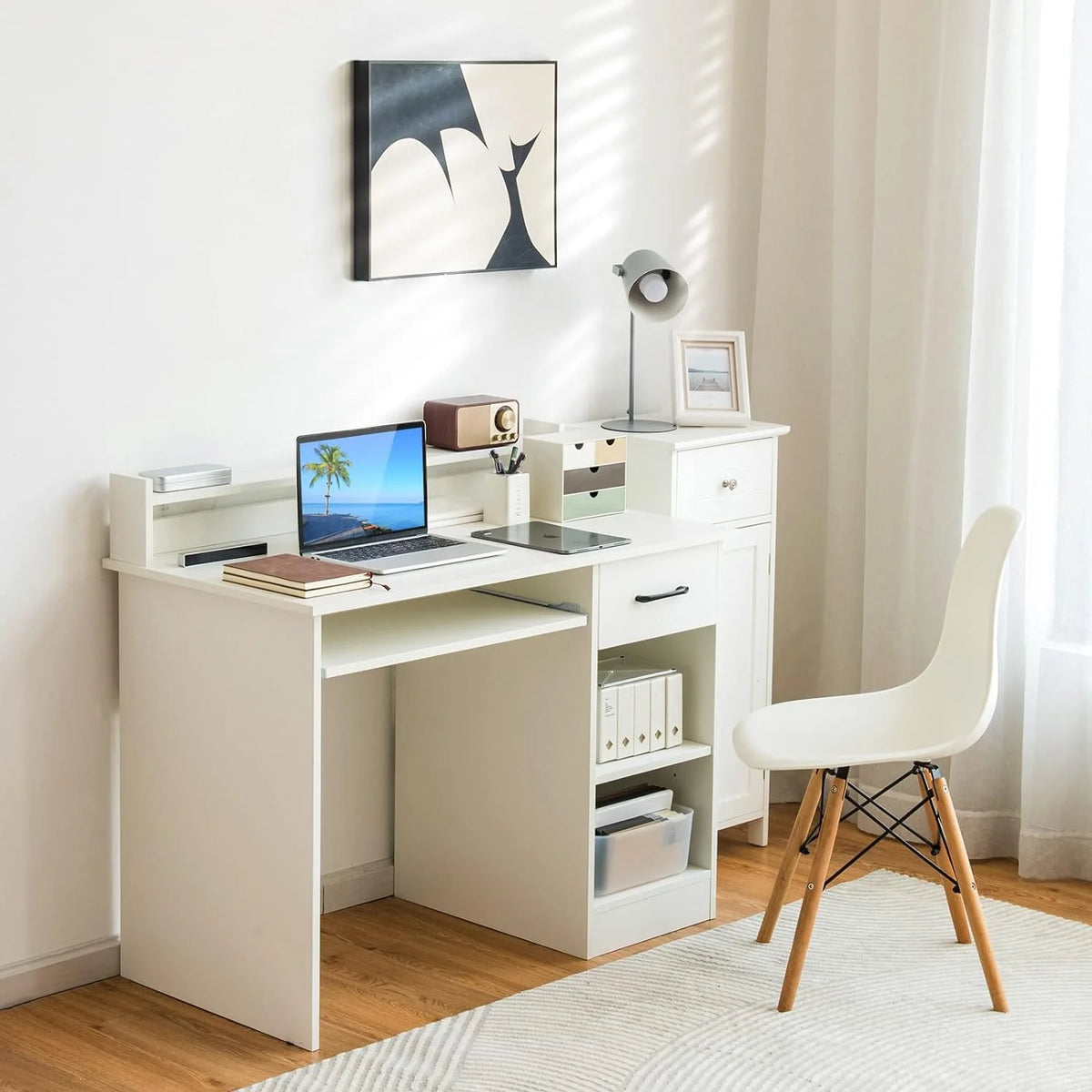 Computer Desk with Drawer & Keyboard Tray, 22 Inch Wide Wood Desk with Hutch & Storage Shelves I48861