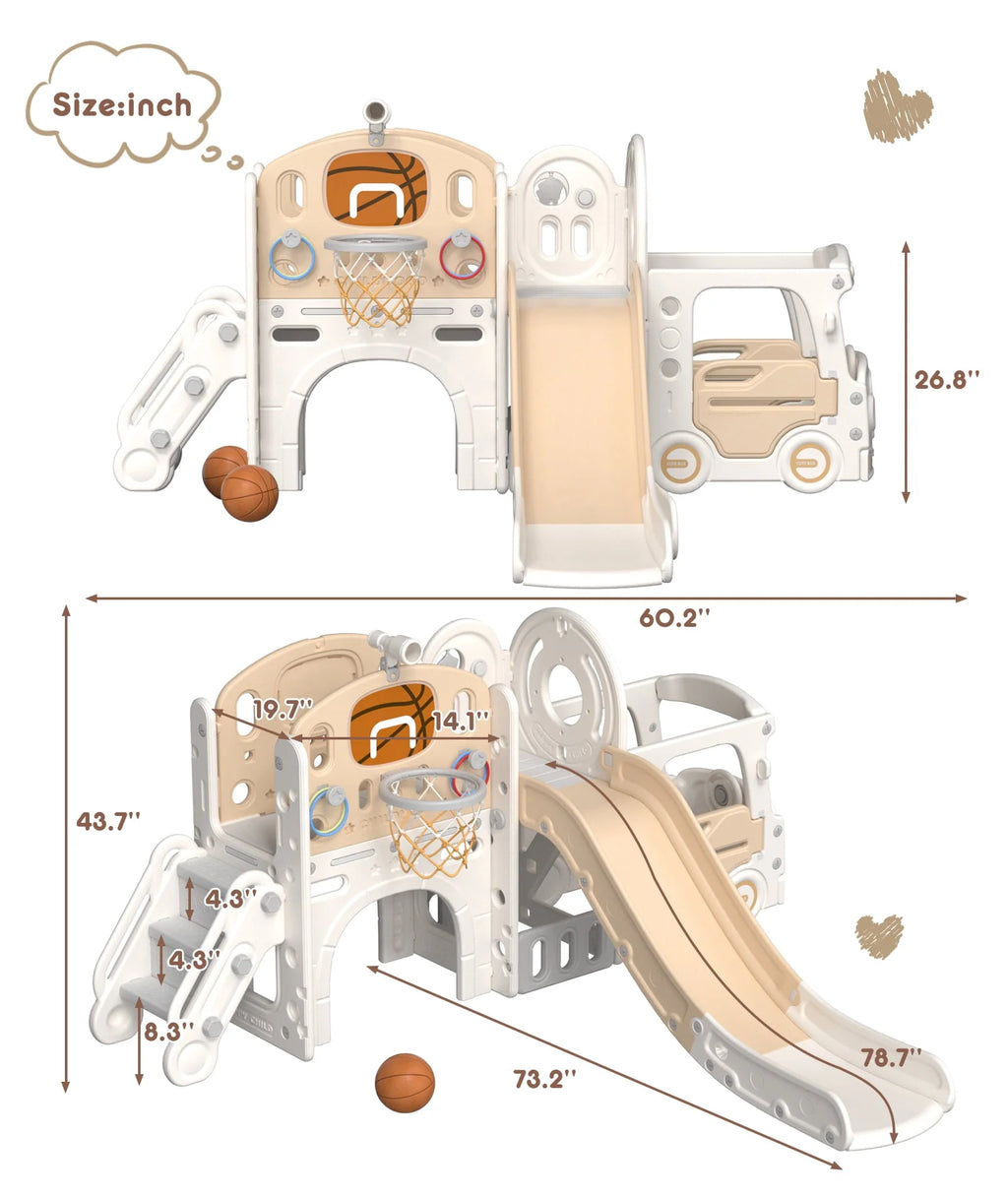 Kids Slide Set with Climber, Basketball Hoop, Tunnel, Playhouse F405