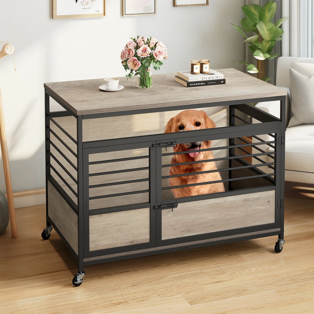 Grey Wooden Dog Crate Furniture with Wheels P7256
