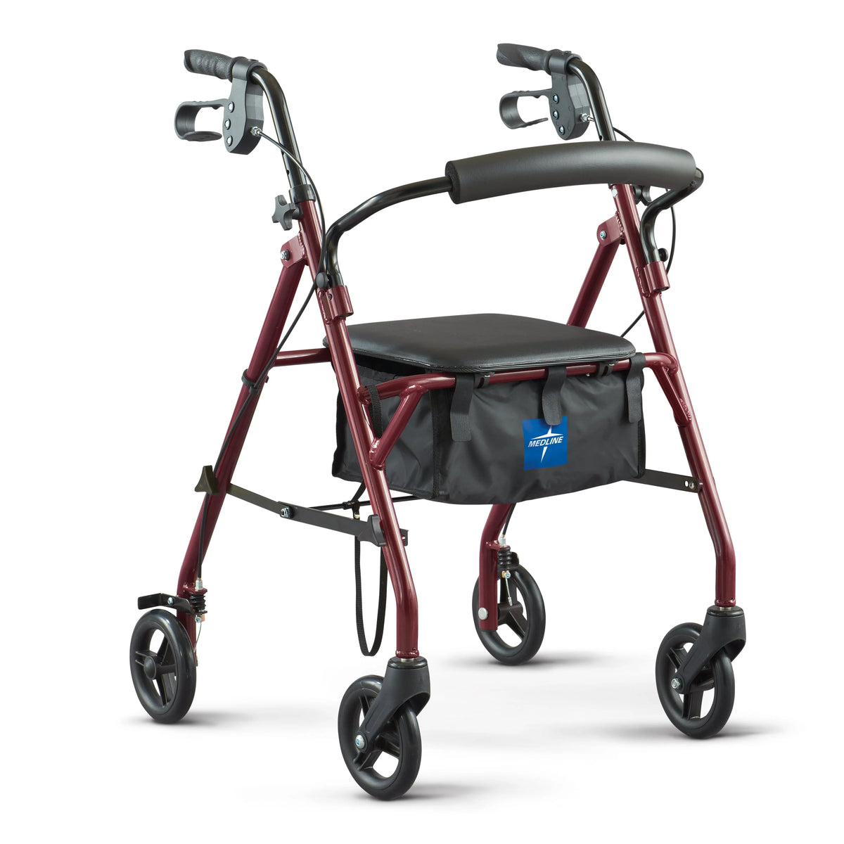 Folding Steel Rollator Walker, 6 Wheels, 350lb Weight Capacity, Burgundy Red B821497