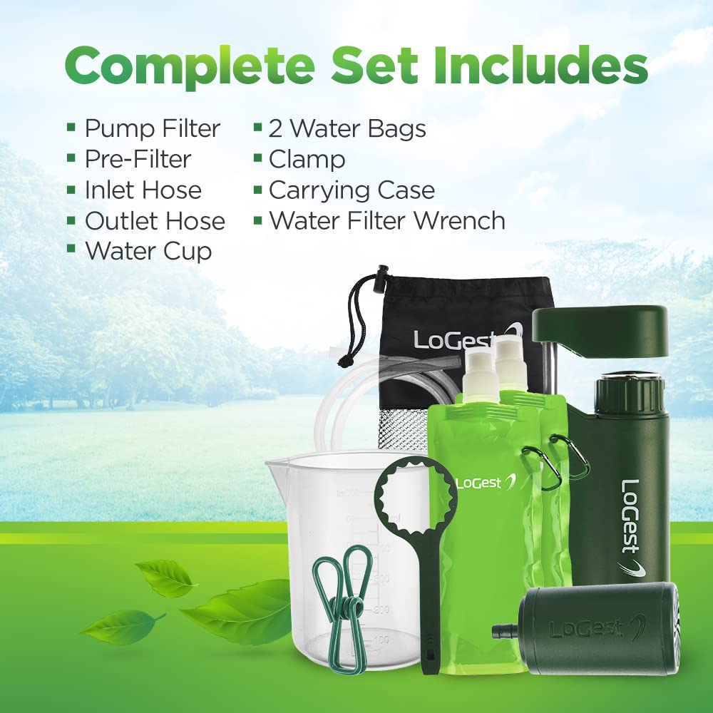Portable Water Filter Pump Set with 2 Collapsible Water Bottles Q47829