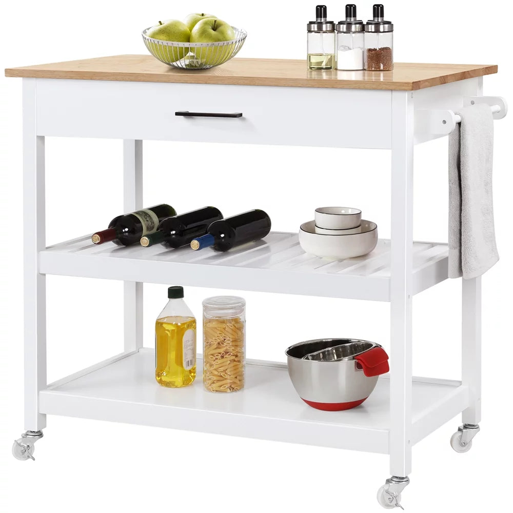 White Kitchen Island Cart with Wheels Storage Drawer T912