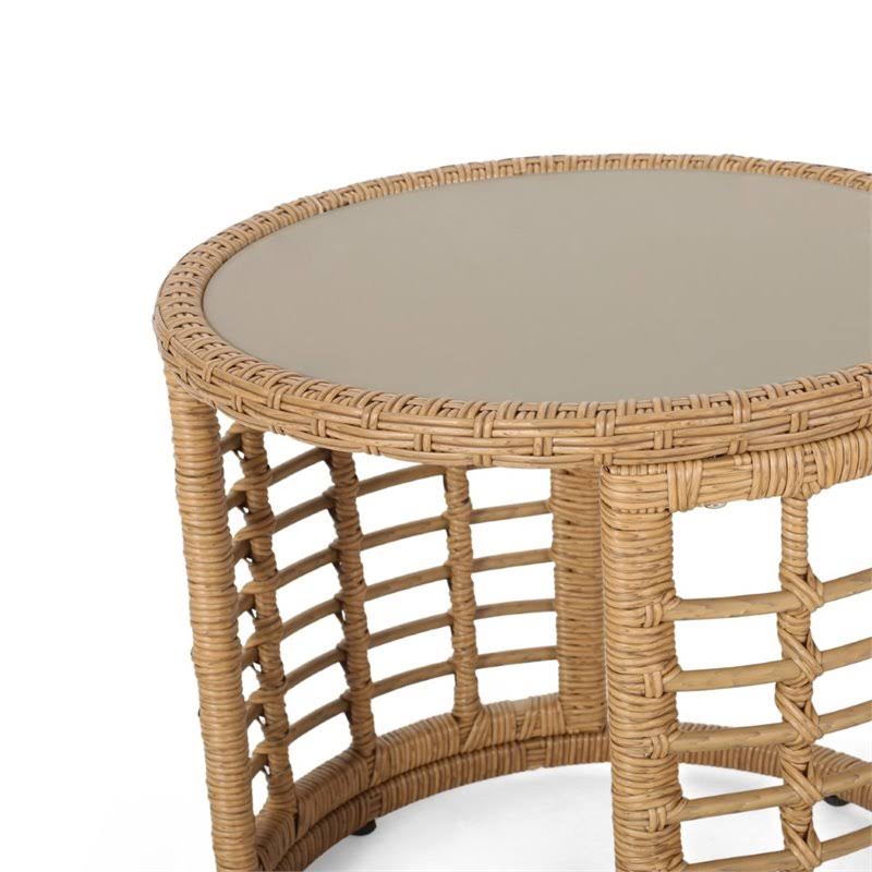 Tempered Glass Top Wicker Side Table in Light Brown I557775
