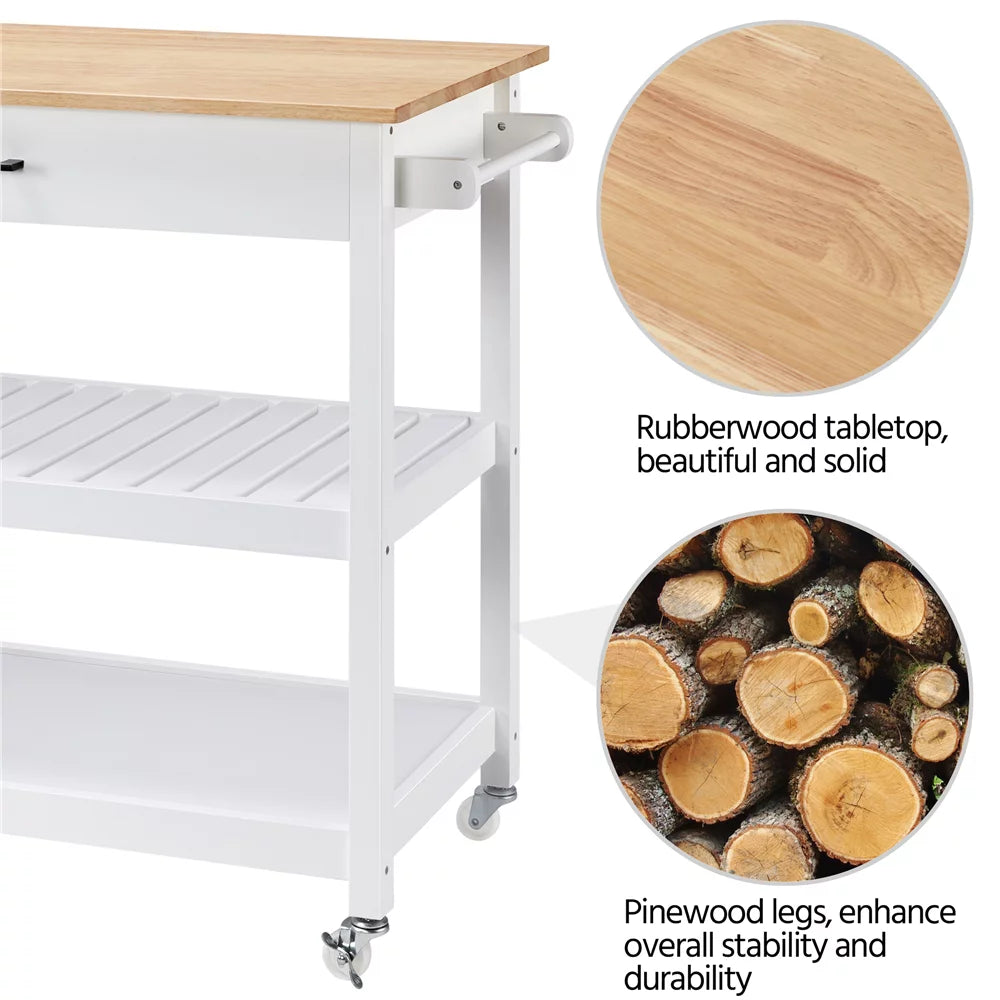 White Kitchen Island Cart with Wheels Storage Drawer T912